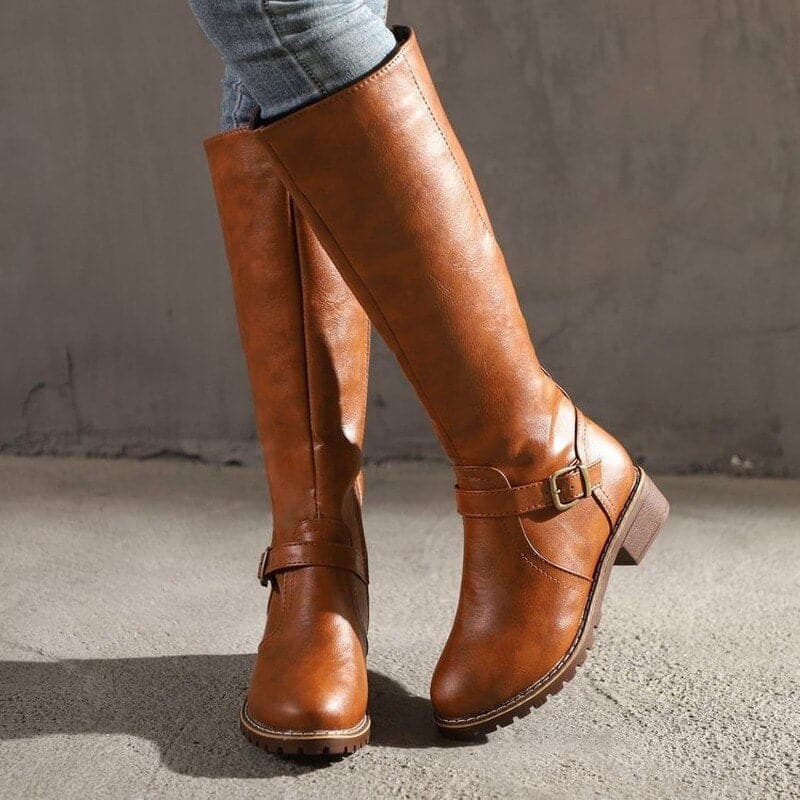 Women's Knee-High Boots - Low Block Heel & Side Zip