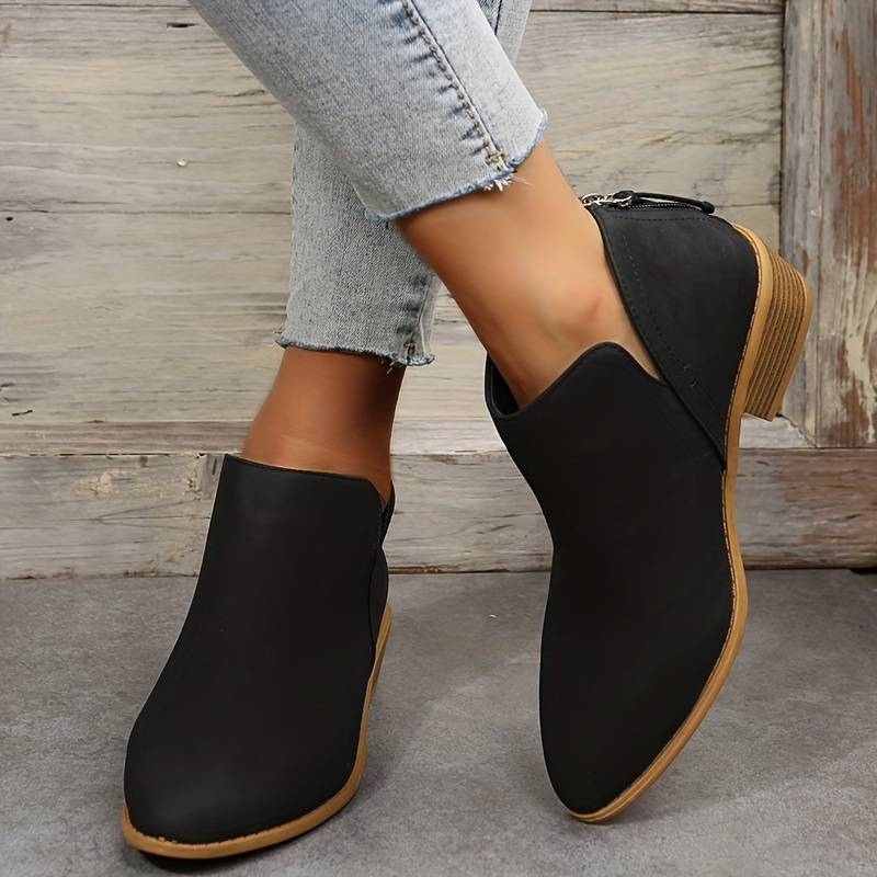 Women's Pointed Toe Ankle Boots - Low Heel with Back Zipper
