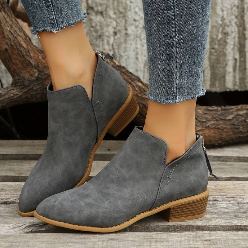 Women's Pointed Toe Ankle Boots - Low Heel with Back Zipper