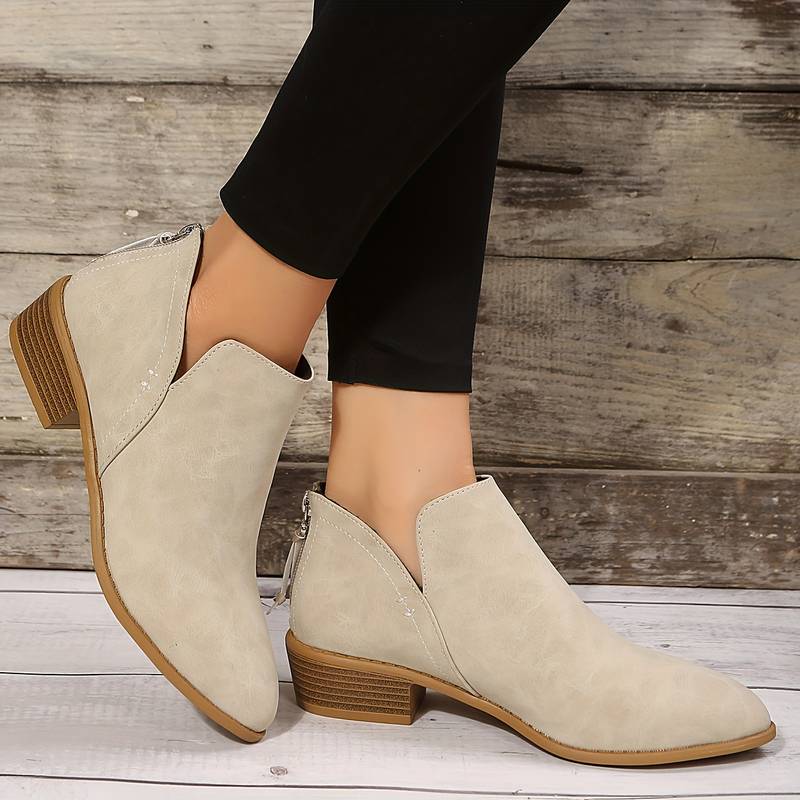 Women's Pointed Toe Ankle Boots - Low Heel with Back Zipper