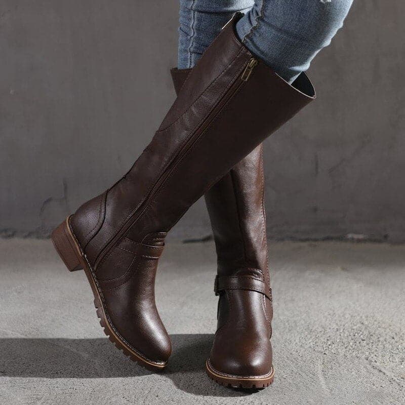Women's Knee-High Boots - Low Block Heel & Side Zip