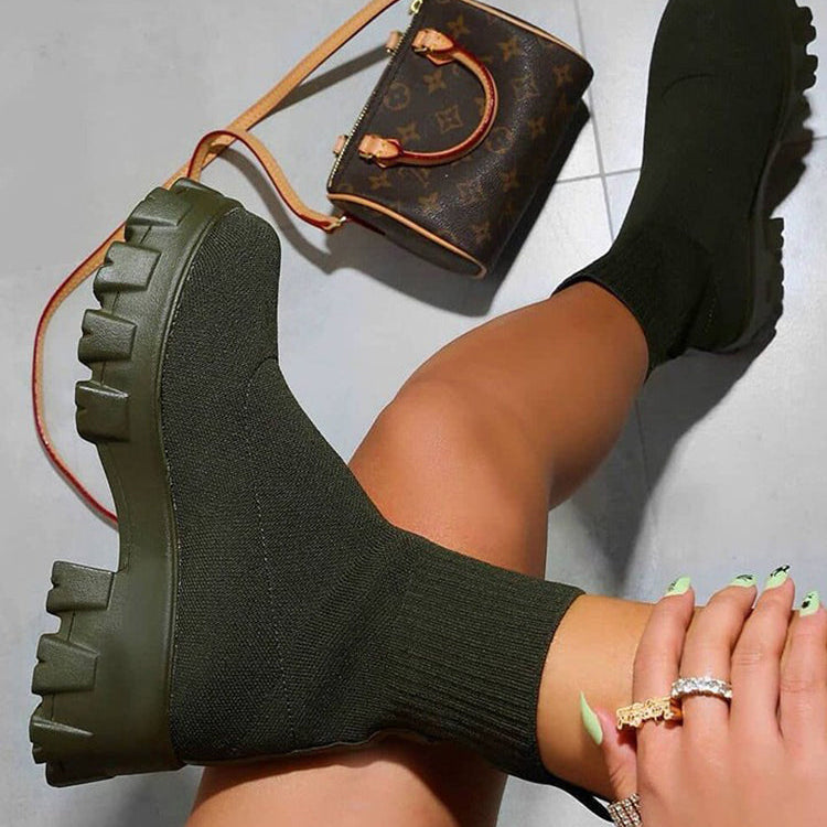 Women's Knitted Ankle Sock Boots - Stretchy Fit with Lug Sole