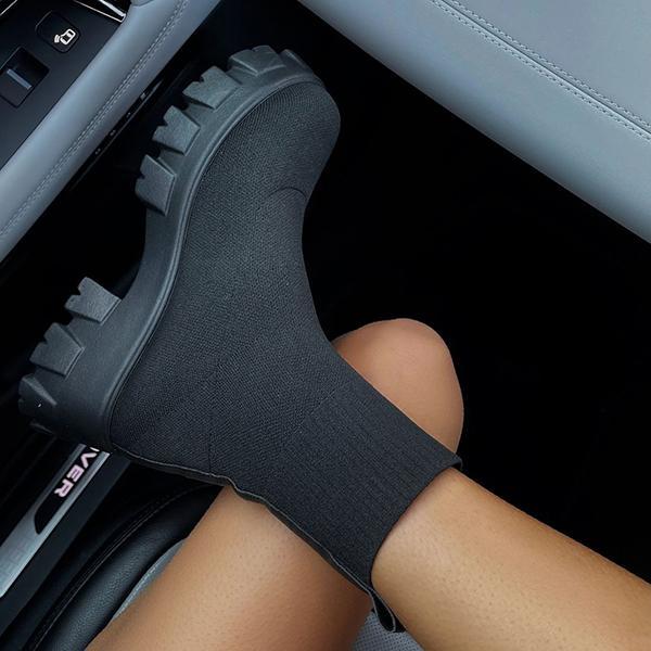 Women's Knitted Ankle Sock Boots - Stretchy Fit with Lug Sole