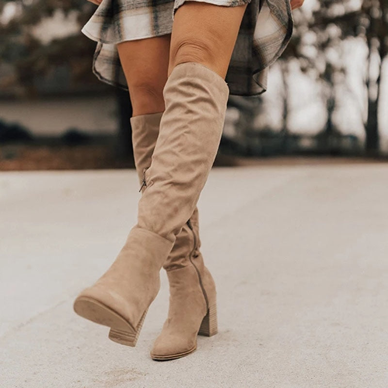 Women's Slouchy Knee-High Boots - Soft-Touch with Block Heel