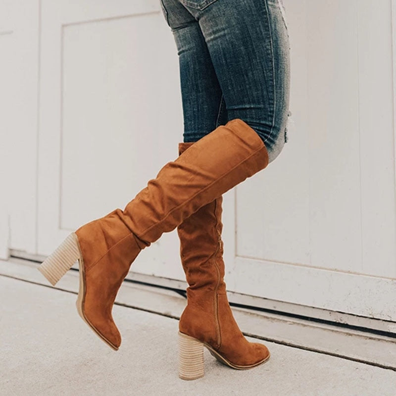 Women's Slouchy Knee-High Boots - Soft-Touch with Block Heel