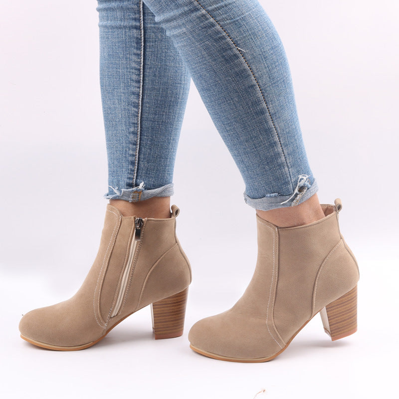 Women's Chunky Heel Ankle Boots - Rounded Toe & Side Zip