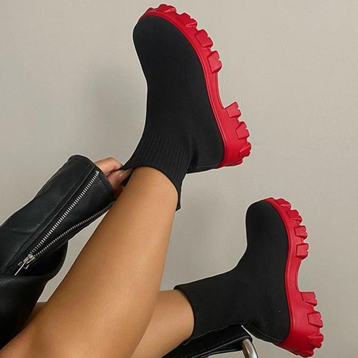 Women's Knitted Ankle Sock Boots - Stretchy Fit with Lug Sole