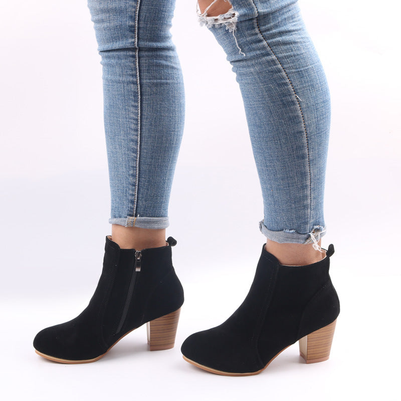Women's Chunky Heel Ankle Boots - Rounded Toe & Side Zip