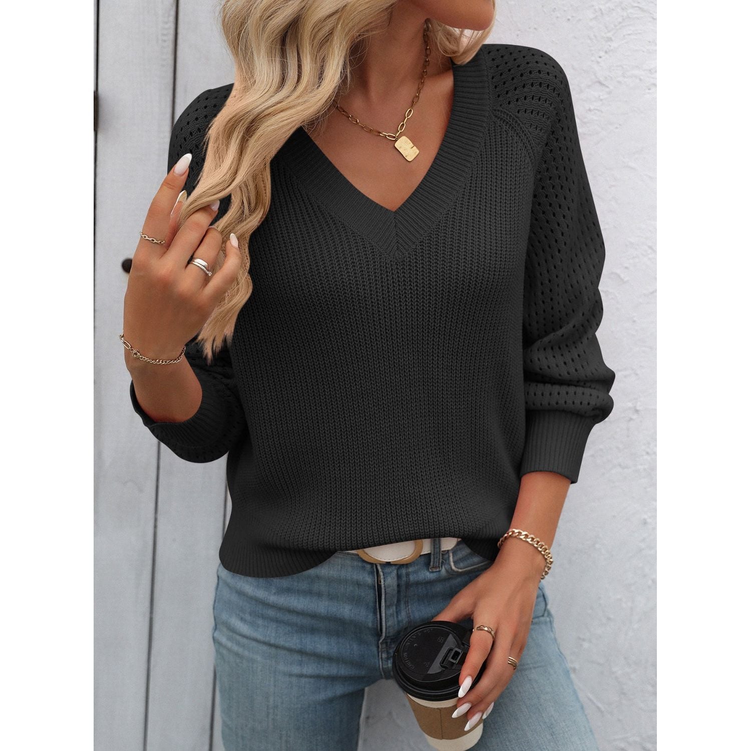 Women's Loose-Fit V-Neck Jumper - Lightweight Balloon Sleeves