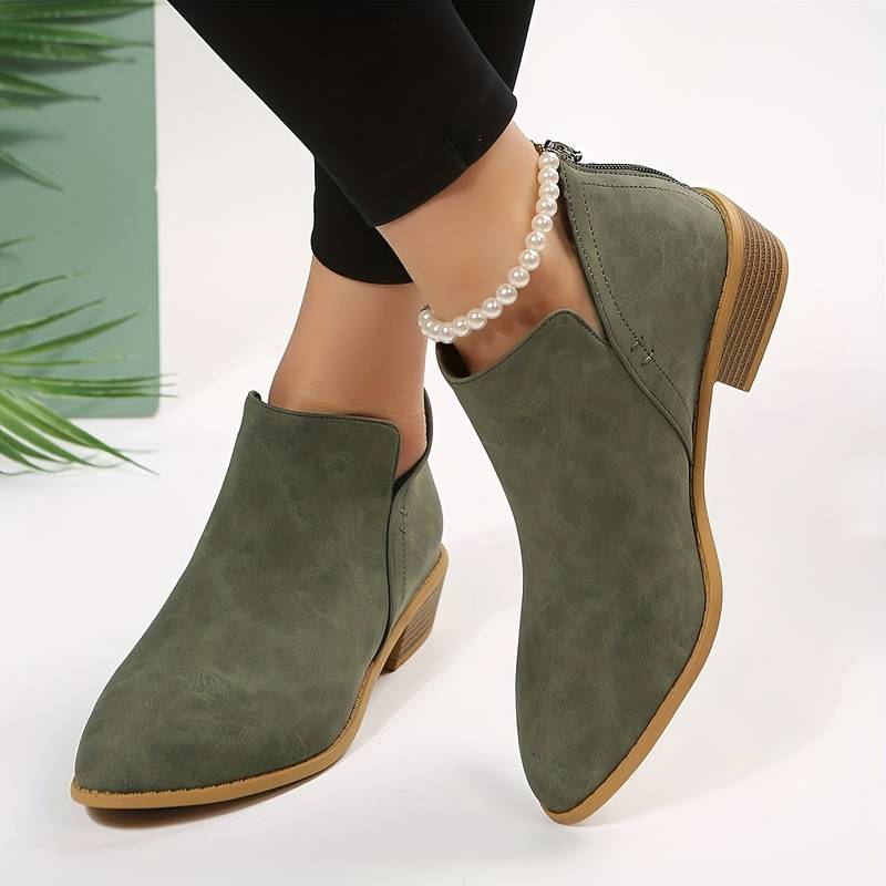 Women's Pointed Toe Ankle Boots - Low Heel with Back Zipper