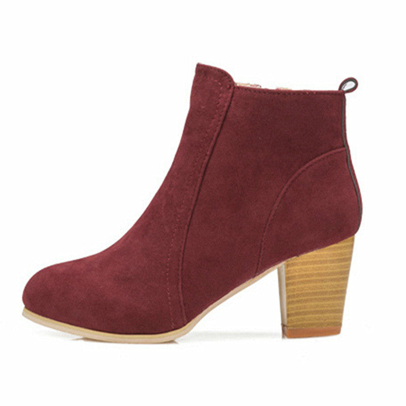 Women's Chunky Heel Ankle Boots - Rounded Toe & Side Zip