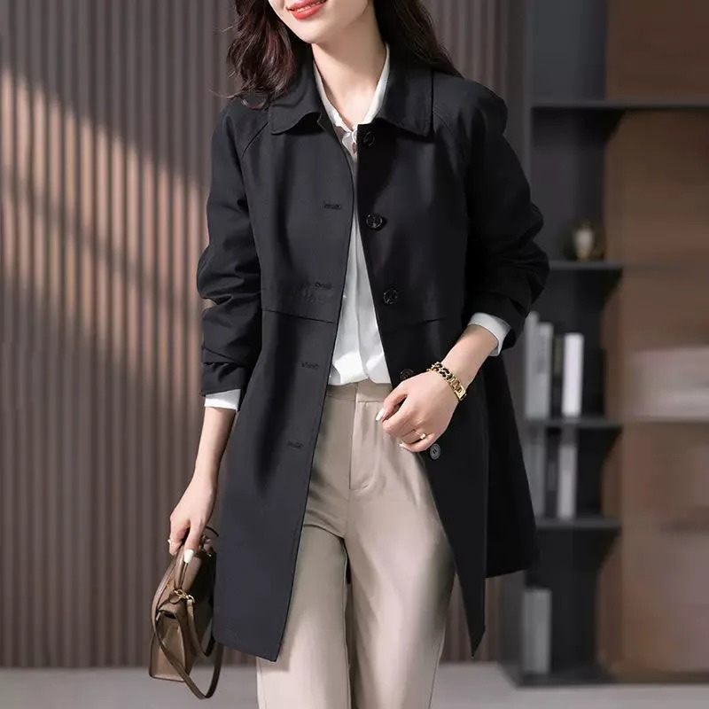 Women's Single-Breasted Trench Coat - Mid-Length & Relaxed Fit