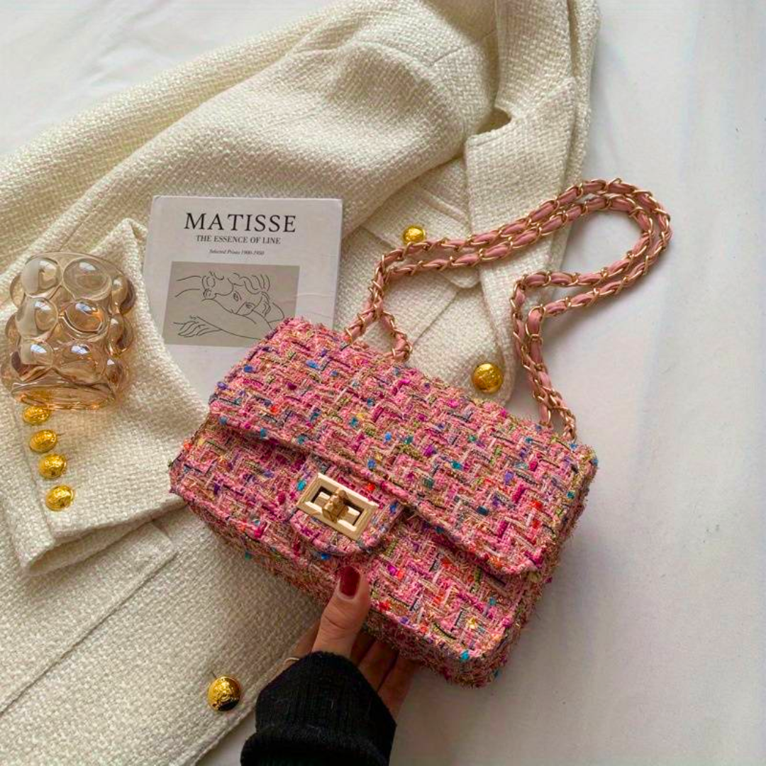 Women's Woven Shoulder Bag - Chain Strap with Flap Closure
