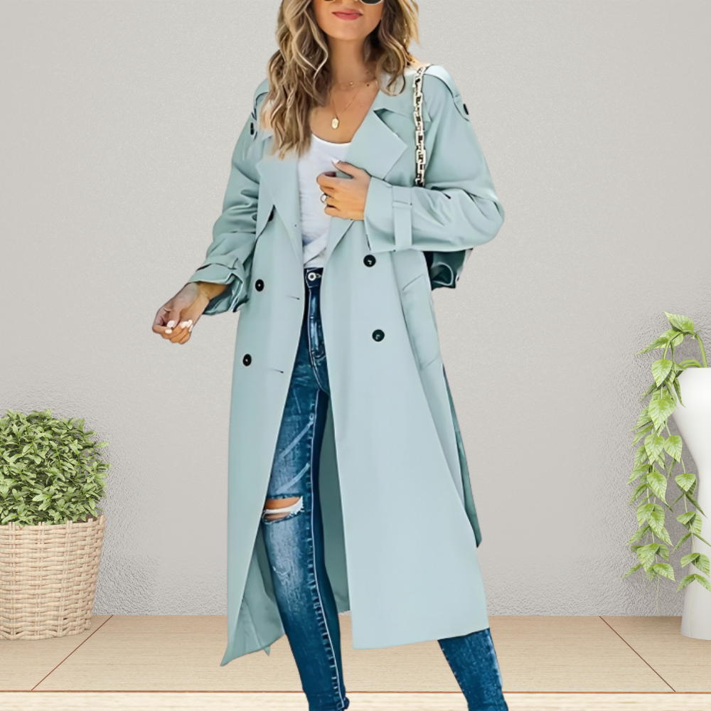 Women's Notched Lapel Trench Coat - Double-Breasted with Epaulets