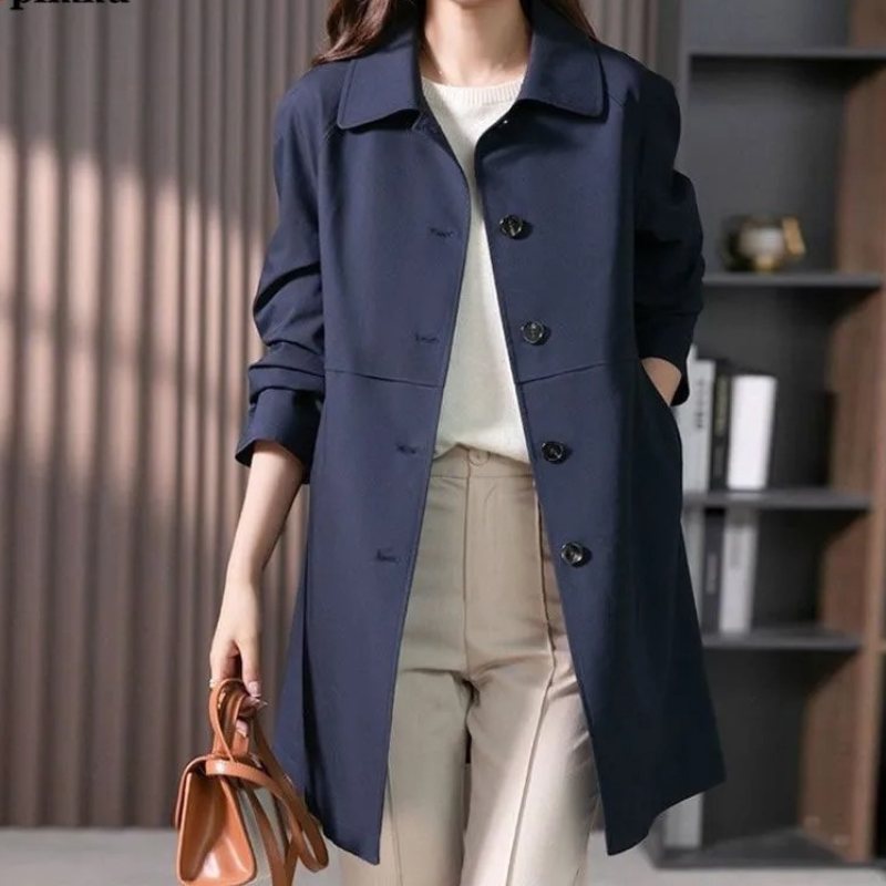 Women's Single-Breasted Trench Coat - Mid-Length & Relaxed Fit