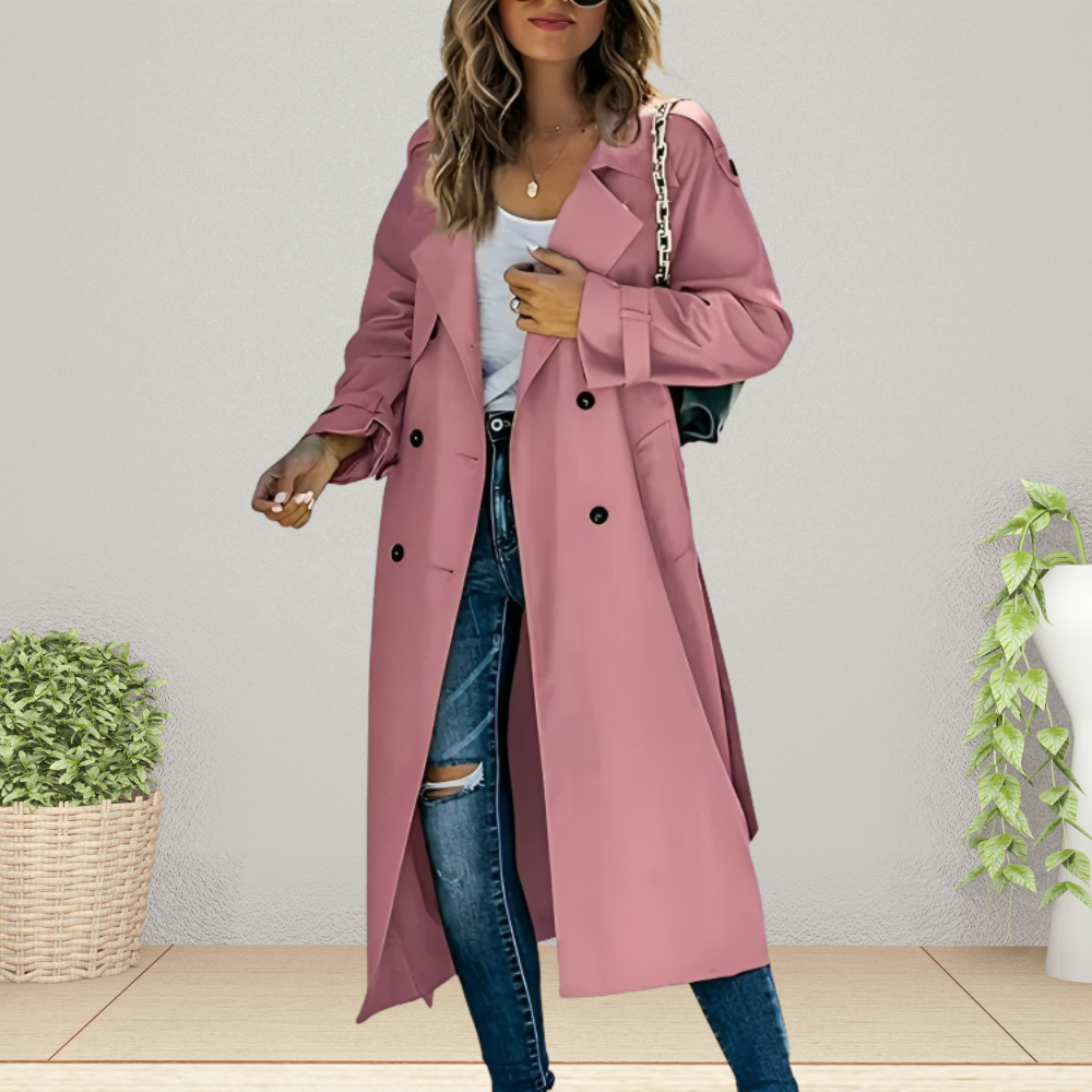 Women's Notched Lapel Trench Coat - Double-Breasted with Epaulets