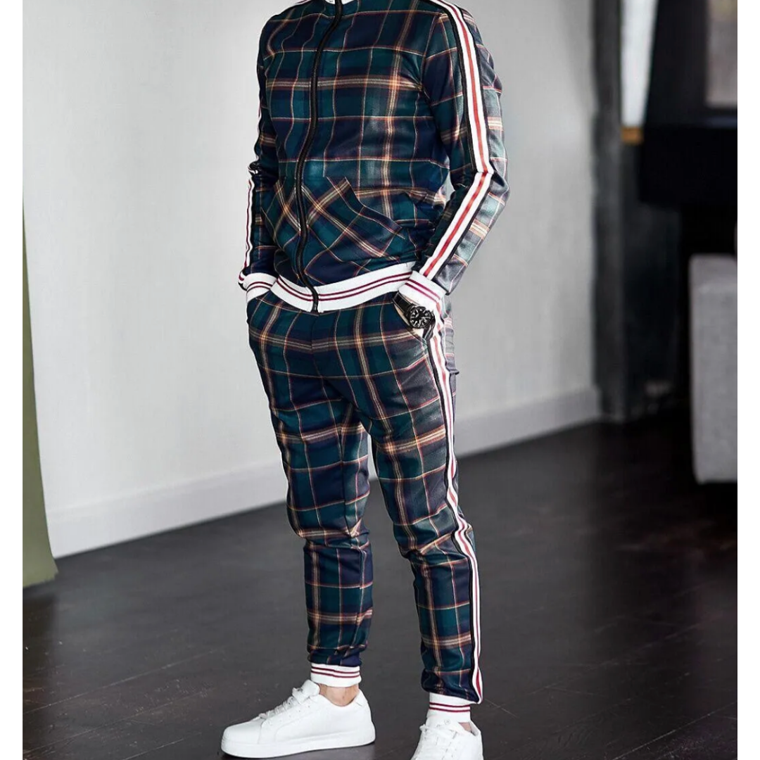 Men's Checkered Tracksuit Set - Plaid Zip-Up Jacket & Joggers