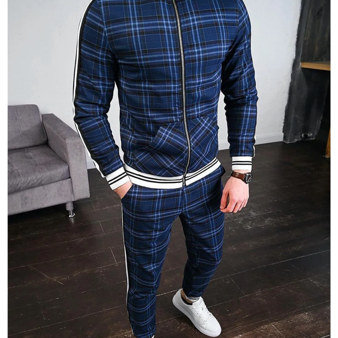 Men's Checkered Tracksuit Set - Plaid Zip-Up Jacket & Joggers
