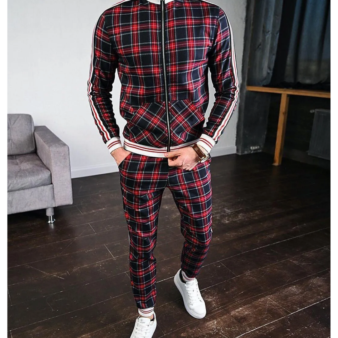 Men's Checkered Tracksuit Set - Plaid Zip-Up Jacket & Joggers