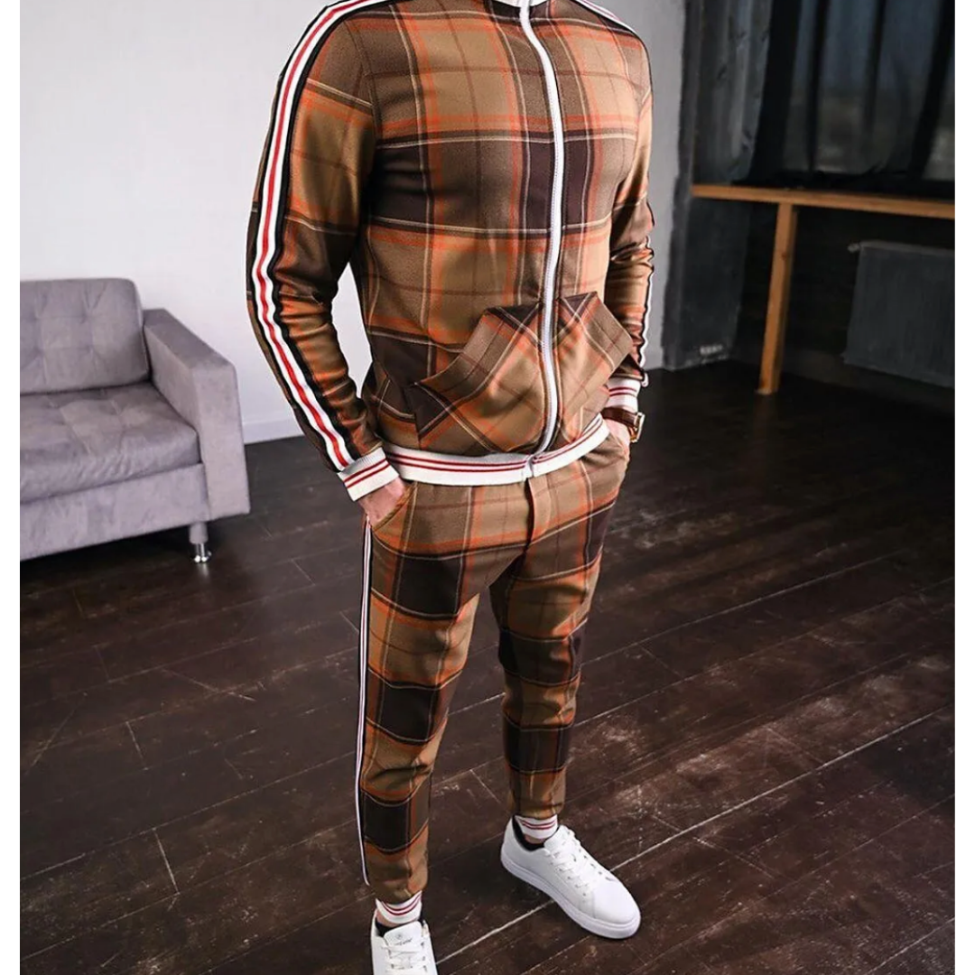 Men's Checkered Tracksuit Set - Plaid Zip-Up Jacket & Joggers