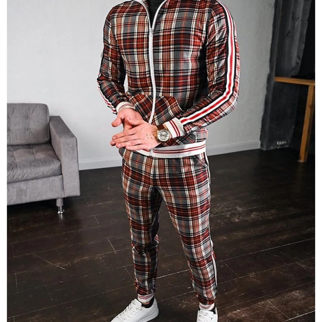 Men's Checkered Tracksuit Set - Plaid Zip-Up Jacket & Joggers