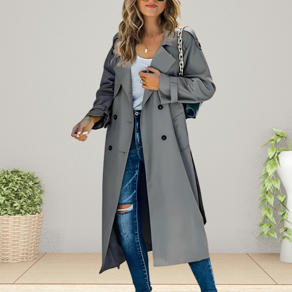 Women's Notched Lapel Trench Coat - Double-Breasted with Epaulets