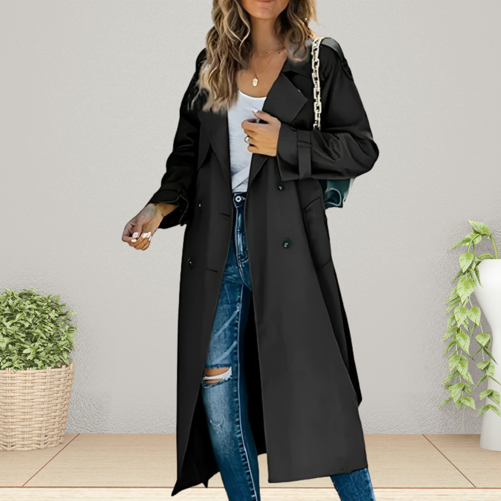 Women's Notched Lapel Trench Coat - Double-Breasted with Epaulets