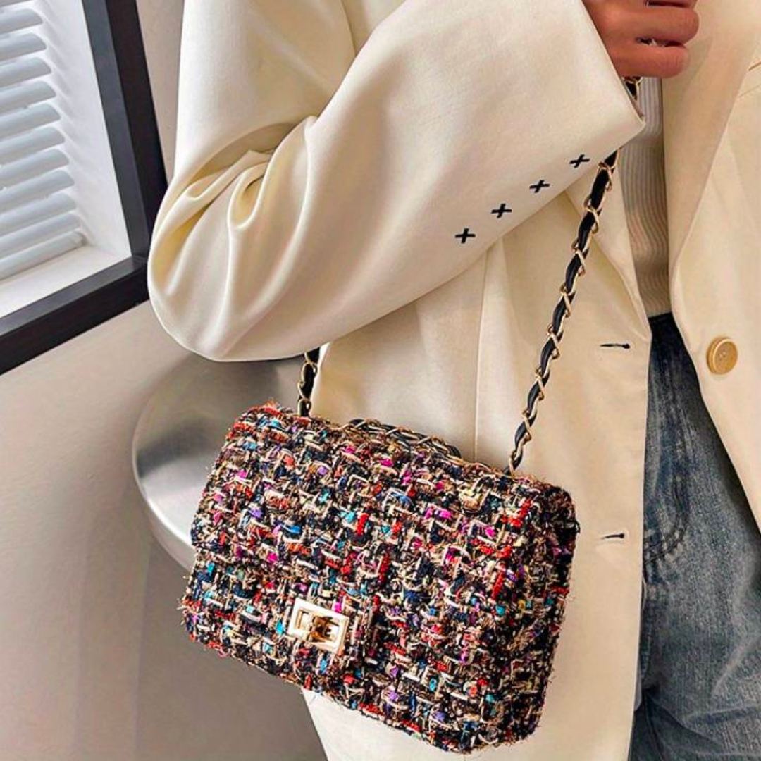 Women's Woven Shoulder Bag - Chain Strap with Flap Closure