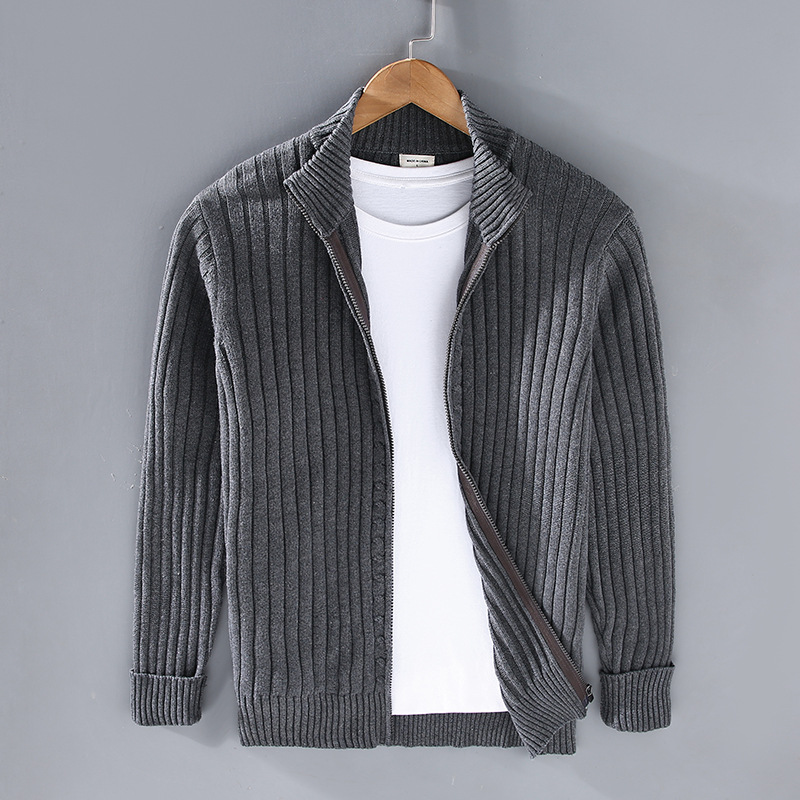 Men's Tailored Ribbed Knit Cardigan - Zip-Up with Stand-Up Collar