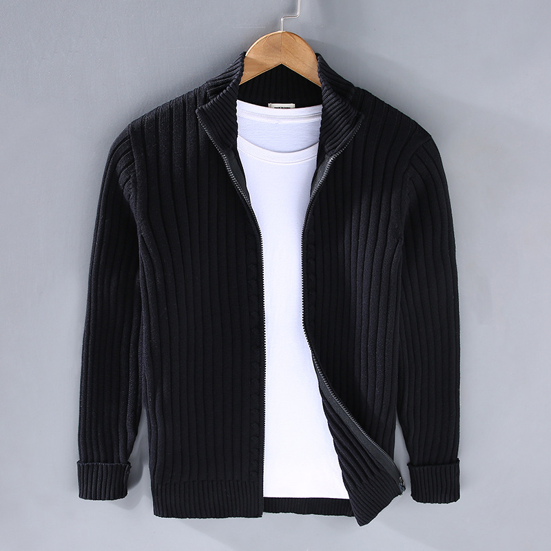 Men's Tailored Ribbed Knit Cardigan - Zip-Up with Stand-Up Collar