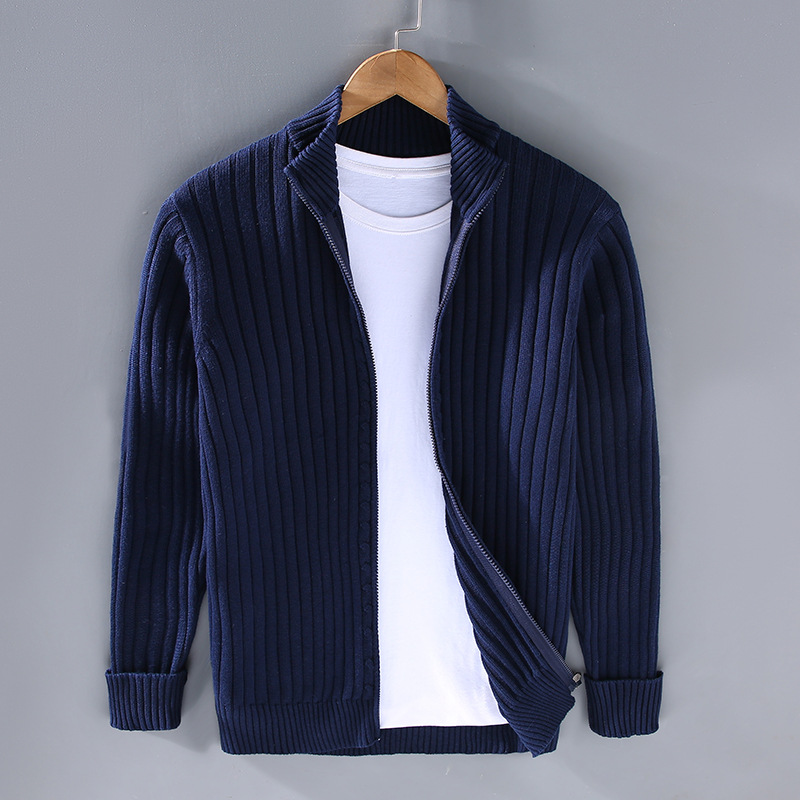 Men's Tailored Ribbed Knit Cardigan - Zip-Up with Stand-Up Collar