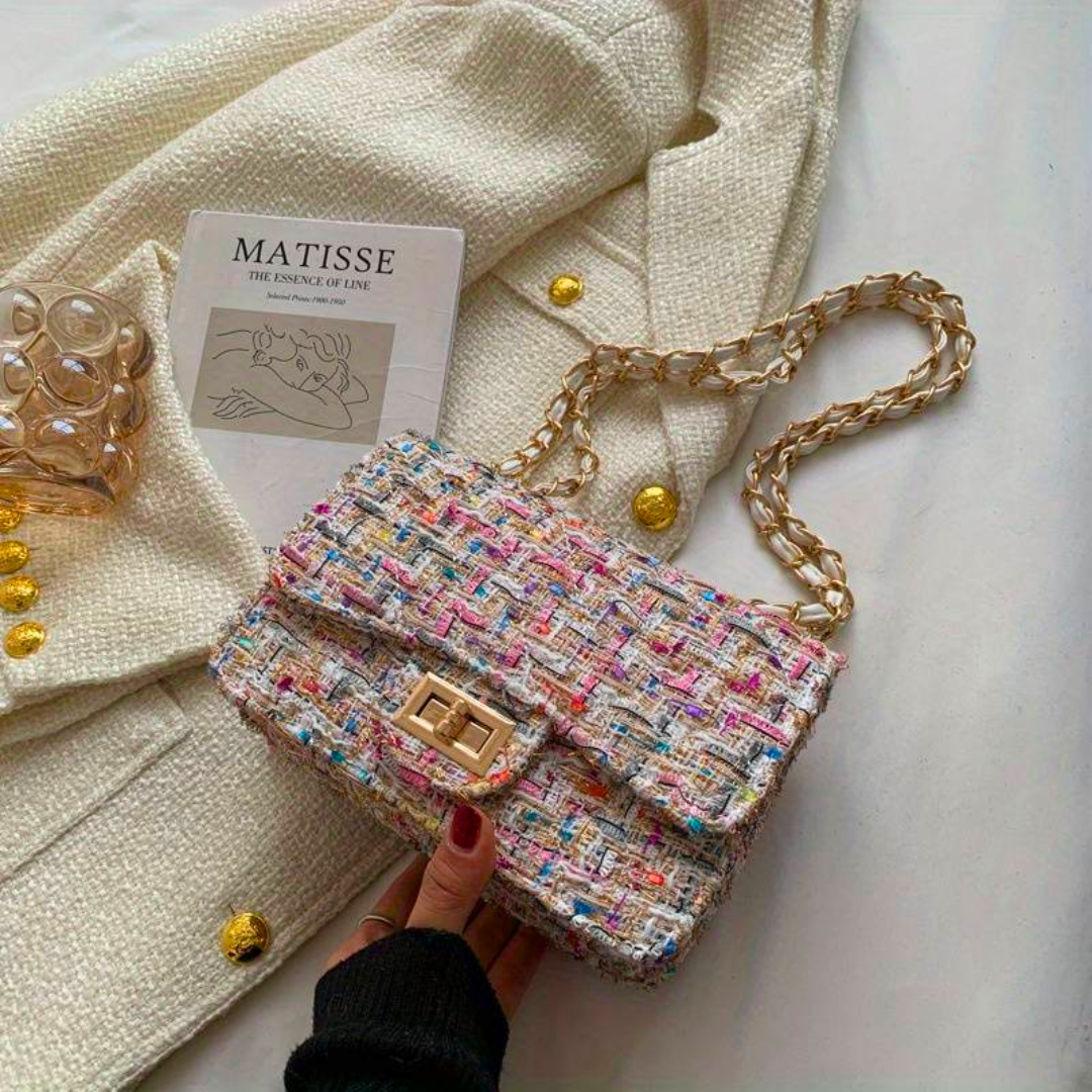 Women's Woven Shoulder Bag - Chain Strap with Flap Closure