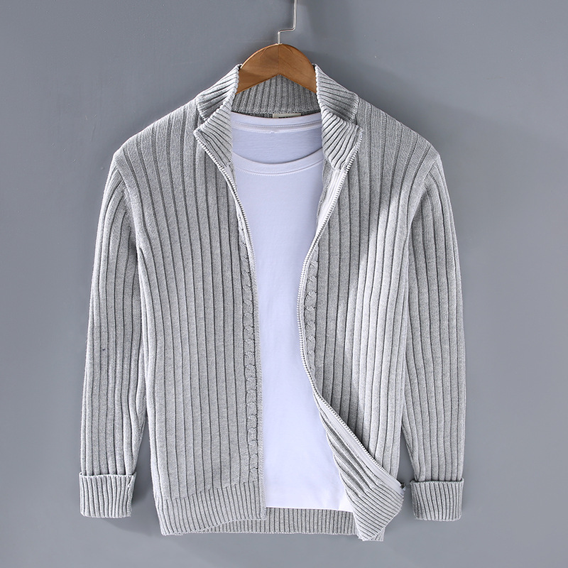 Men's Tailored Ribbed Knit Cardigan - Zip-Up with Stand-Up Collar