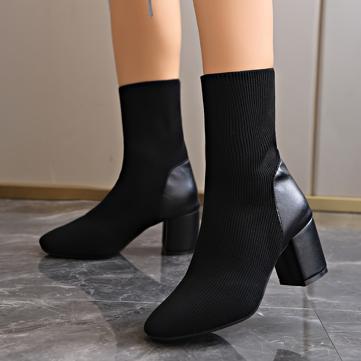 Women's Black Knitted Ankle Boots - Chunky Heel & Pointed Toe