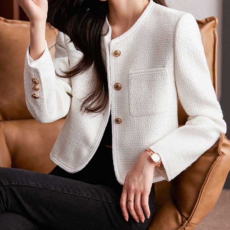 Women's Collarless Cropped Blazer - Textured with Gold Button Details