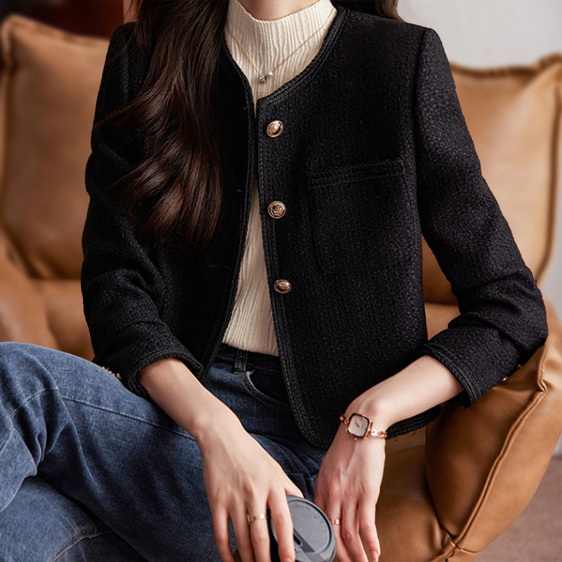 Women's Collarless Cropped Blazer - Textured with Gold Button Details