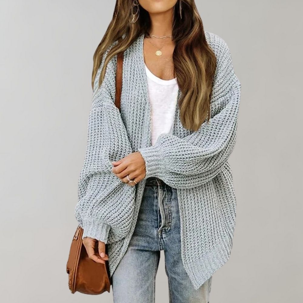 Women's Oversized Knit Cardigan - Open Front with Lantern Sleeves