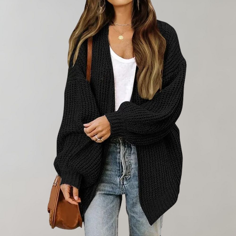 Women's Oversized Knit Cardigan - Open Front with Lantern Sleeves