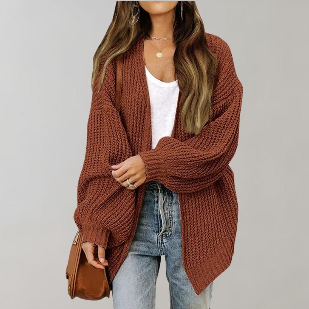 Women's Oversized Knit Cardigan - Open Front with Lantern Sleeves