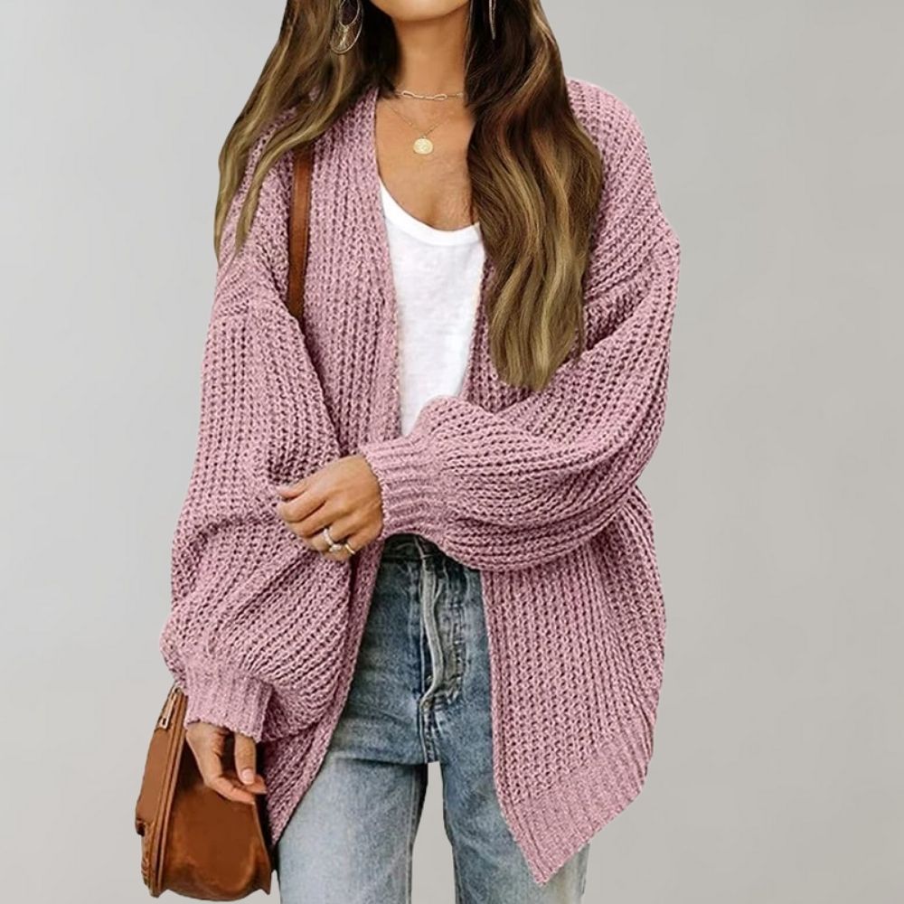 Women's Oversized Knit Cardigan - Open Front with Lantern Sleeves