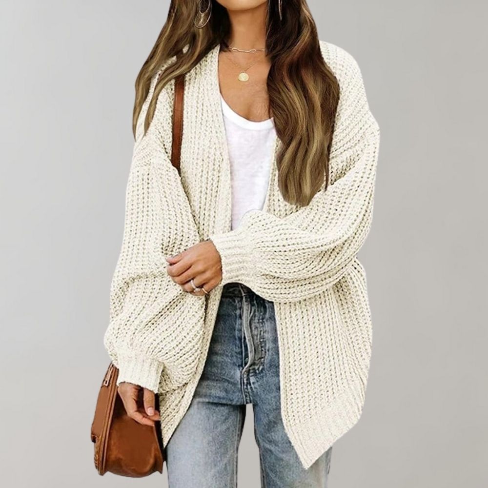 Women's Oversized Knit Cardigan - Open Front with Lantern Sleeves