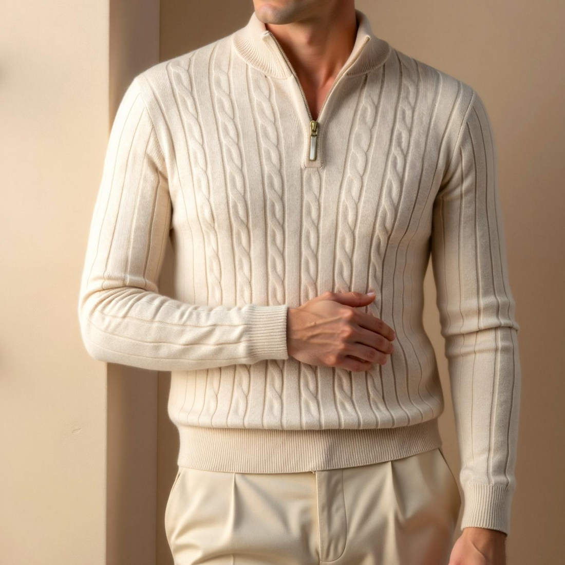 Elegant and Comfortable Cable Knit Zip Sweater for Men - Beige