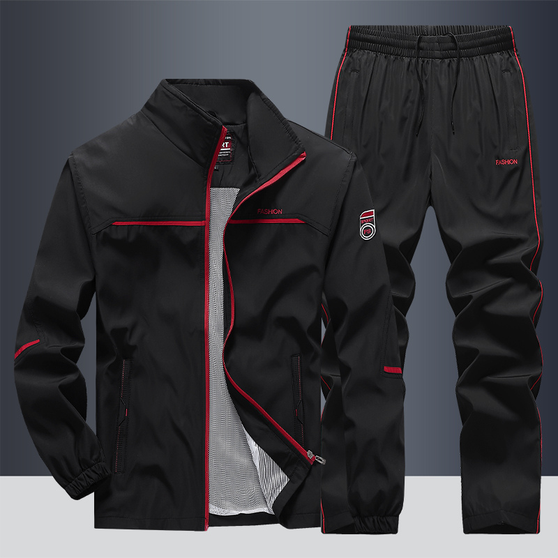 Men's Sporty Two-Piece Tracksuit Set - Contrast Trim Jacket & Joggers