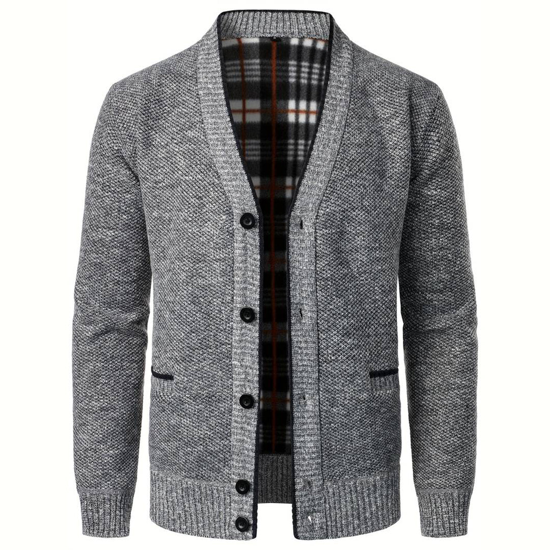 Men's Grey V-Neck Knit Cardigan - Plaid Lined with Pockets