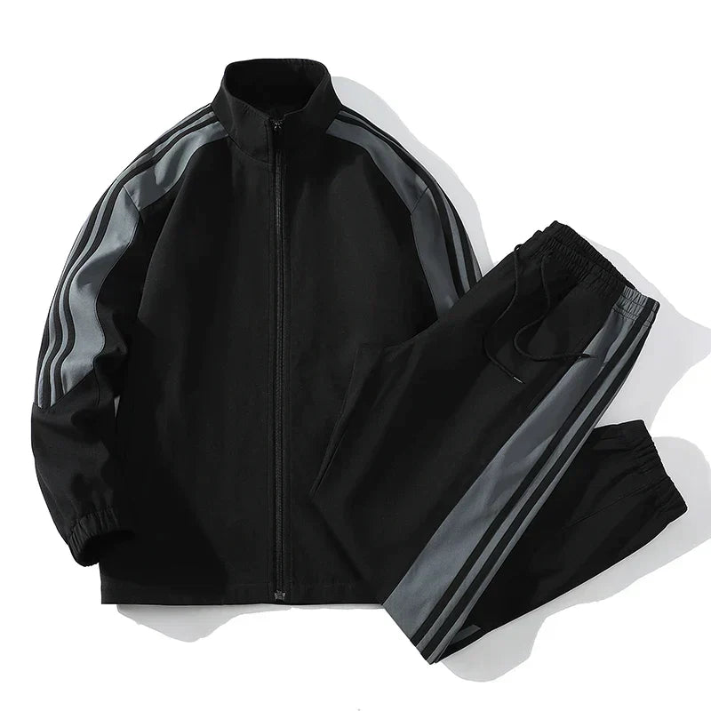 Men's Two-Piece Tracksuit Set - Stand Collar Jacket & Striped Joggers