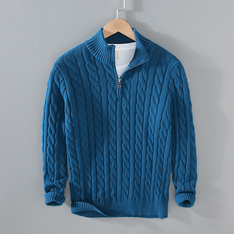 Men's Cable Knit Jumper - Quarter-Zip with High Collar