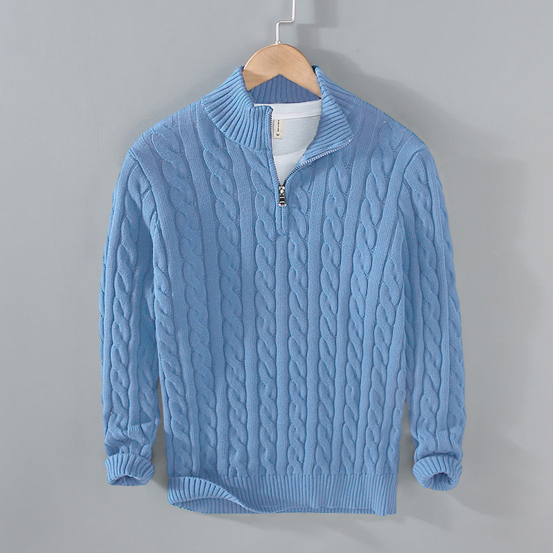 Men's Cable Knit Jumper - Quarter-Zip with High Collar