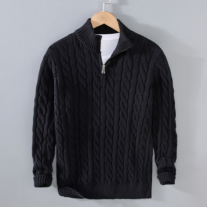 Men's Cable Knit Jumper - Quarter-Zip with High Collar