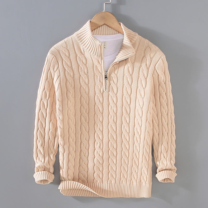 Men's Cable Knit Jumper - Quarter-Zip with High Collar