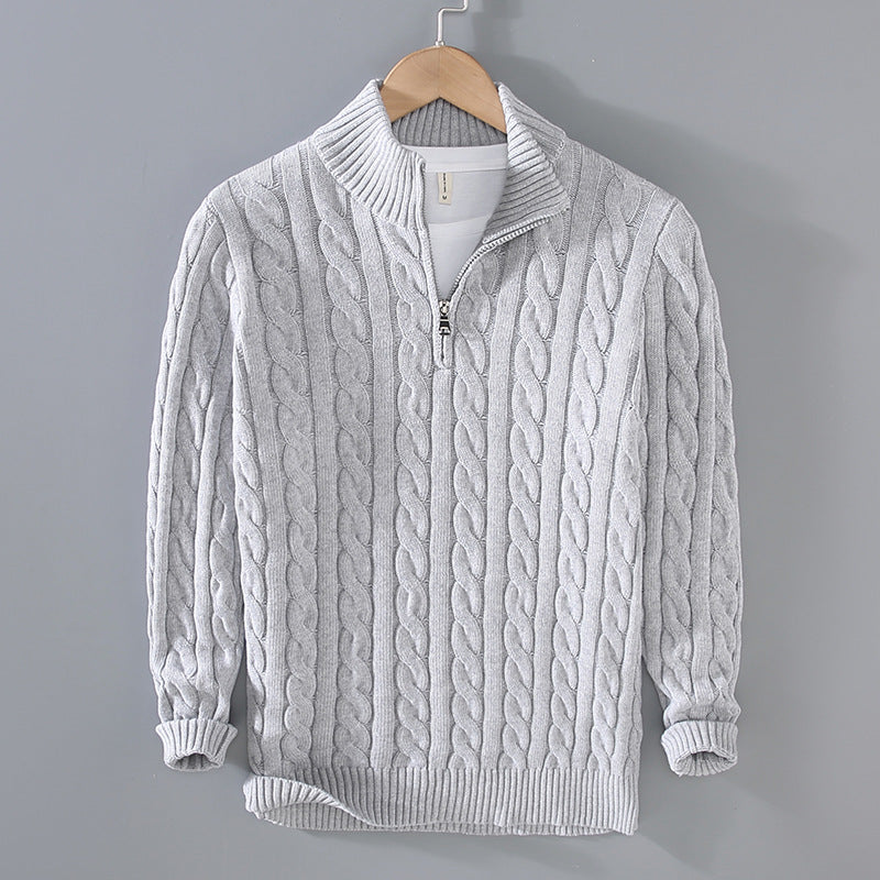 Men's Cable Knit Jumper - Quarter-Zip with High Collar